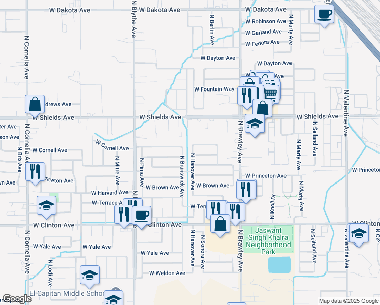 map of restaurants, bars, coffee shops, grocery stores, and more near 2683 North Hanover Avenue in Fresno