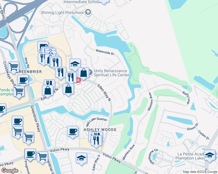 map of restaurants, bars, coffee shops, grocery stores, and more near 1416 Woodside Court in Chesapeake