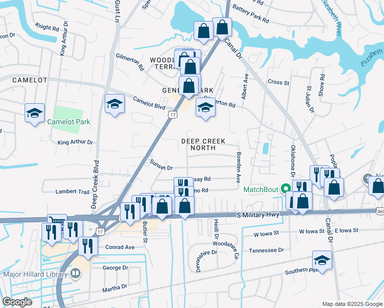 map of restaurants, bars, coffee shops, grocery stores, and more near 2432 Youngman Road in Chesapeake