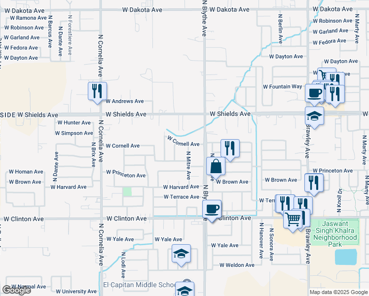 map of restaurants, bars, coffee shops, grocery stores, and more near 4460 West Cornell Avenue in Fresno