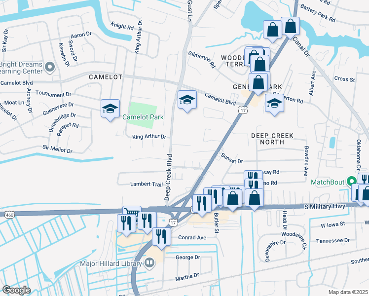 map of restaurants, bars, coffee shops, grocery stores, and more near 2721 Janice Lynn Court in Chesapeake