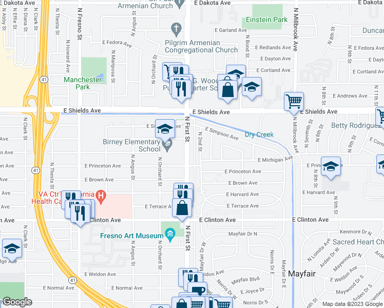 map of restaurants, bars, coffee shops, grocery stores, and more near 2840 North First Street in Fresno