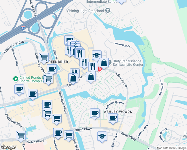 map of restaurants, bars, coffee shops, grocery stores, and more near 1025 Eden Way North in Chesapeake