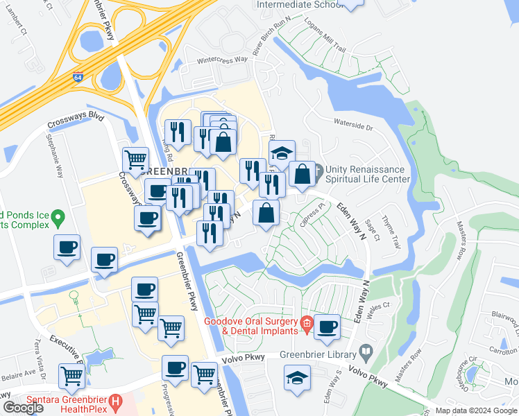 map of restaurants, bars, coffee shops, grocery stores, and more near 1021 Eden Way North in Chesapeake