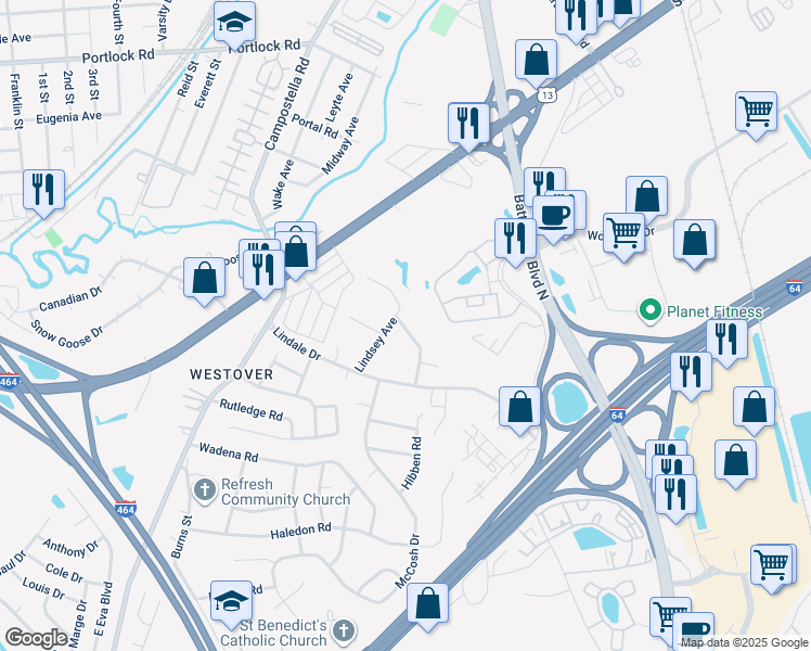 map of restaurants, bars, coffee shops, grocery stores, and more near 125 Waterfield Avenue in Chesapeake