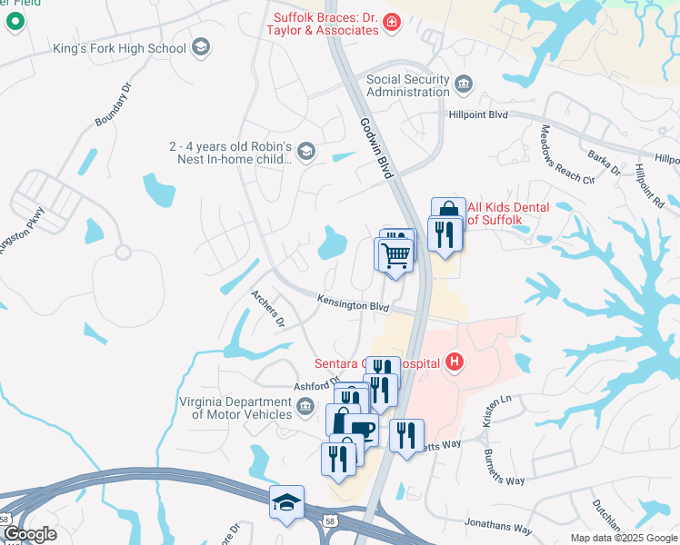 map of restaurants, bars, coffee shops, grocery stores, and more near 240 Craftsman Circle in Suffolk