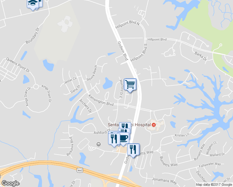 map of restaurants, bars, coffee shops, grocery stores, and more near 237 Wexford Drive West in Suffolk