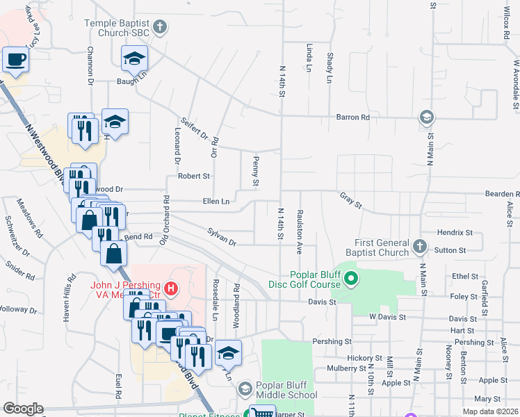 map of restaurants, bars, coffee shops, grocery stores, and more near 2018 Woodland Road in Poplar Bluff