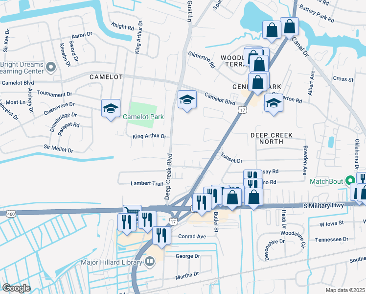 map of restaurants, bars, coffee shops, grocery stores, and more near 2725 Janice Lynn Court in Chesapeake