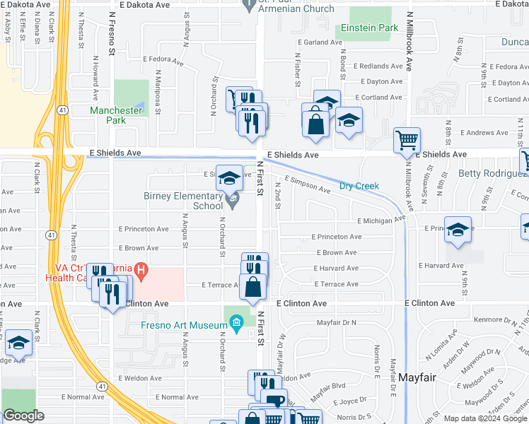 map of restaurants, bars, coffee shops, grocery stores, and more near 2844 North First Street in Fresno