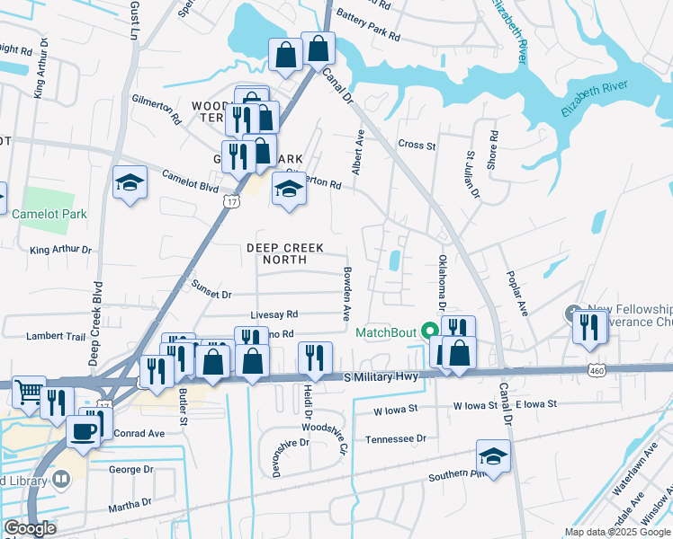 map of restaurants, bars, coffee shops, grocery stores, and more near 2402 Youngman Road in Chesapeake