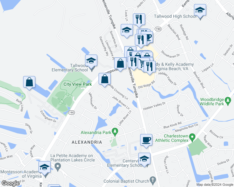 map of restaurants, bars, coffee shops, grocery stores, and more near 1869 Kempsville Crossing Lane in Virginia Beach