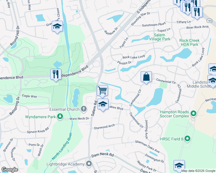 map of restaurants, bars, coffee shops, grocery stores, and more near 3938 Morning Light Lane in Virginia Beach
