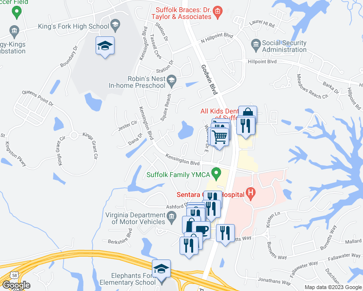 map of restaurants, bars, coffee shops, grocery stores, and more near 262 Craftsman Circle in Suffolk