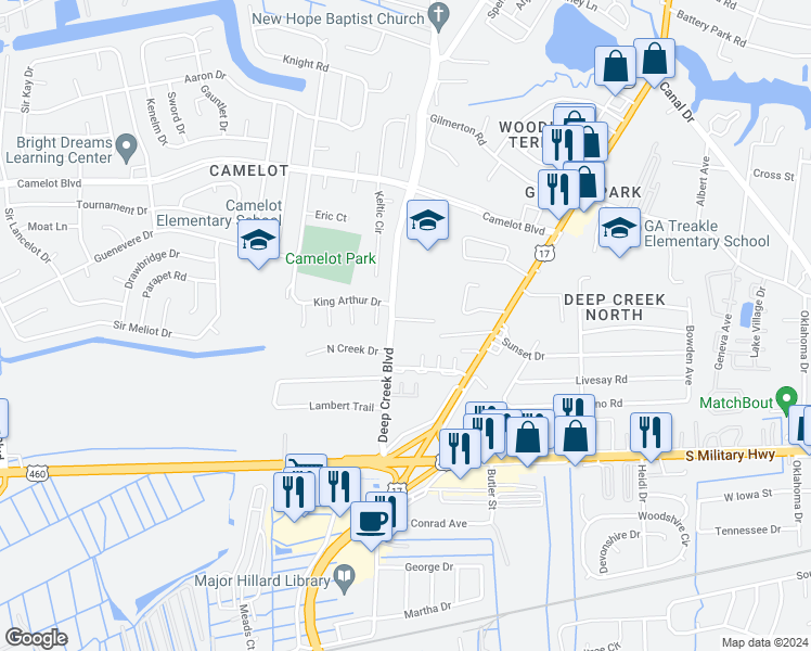 map of restaurants, bars, coffee shops, grocery stores, and more near 2737 Janice Lynn Court in Chesapeake