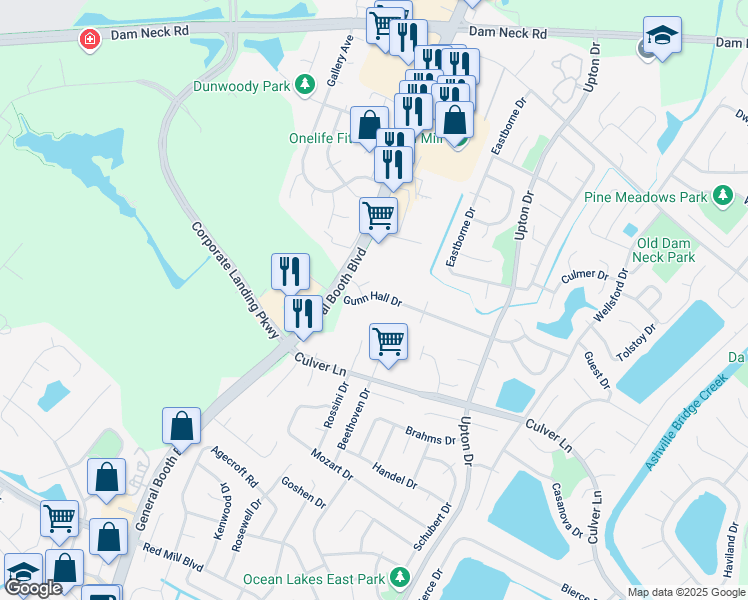 map of restaurants, bars, coffee shops, grocery stores, and more near 1231 Gunn Hall Drive in Virginia Beach