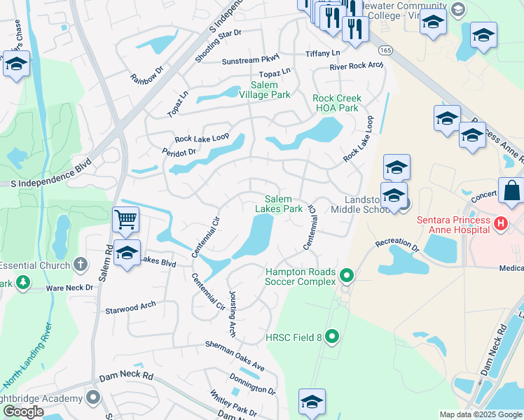 map of restaurants, bars, coffee shops, grocery stores, and more near 3801 Coyote Circle in Virginia Beach