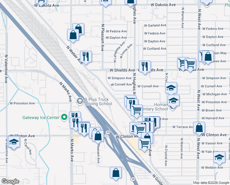 map of restaurants, bars, coffee shops, grocery stores, and more near 2329 West Michigan Avenue in Fresno