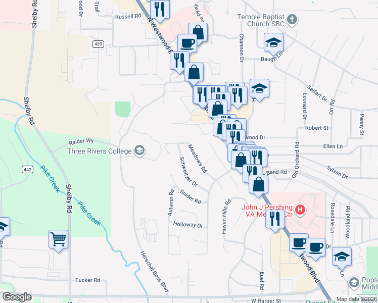 map of restaurants, bars, coffee shops, grocery stores, and more near 2034 Meadows Road in Poplar Bluff