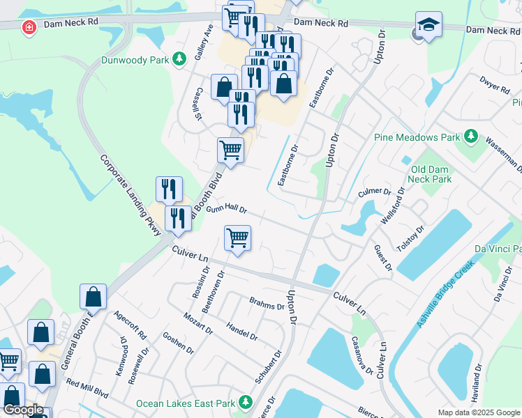 map of restaurants, bars, coffee shops, grocery stores, and more near 1851 Gunter Hall Drive in Virginia Beach