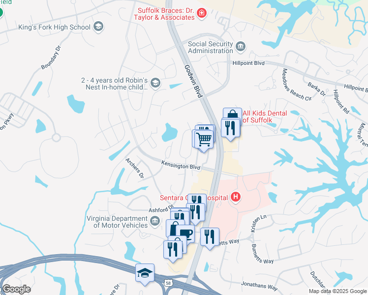 map of restaurants, bars, coffee shops, grocery stores, and more near 239 Wexford Drive West in Suffolk