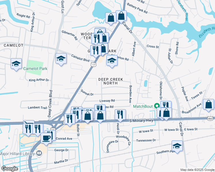 map of restaurants, bars, coffee shops, grocery stores, and more near 2428 Youngman Road in Chesapeake