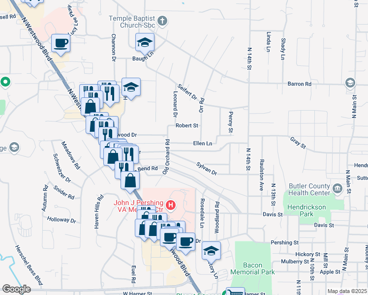 map of restaurants, bars, coffee shops, grocery stores, and more near 1713 Sunset Drive in Poplar Bluff