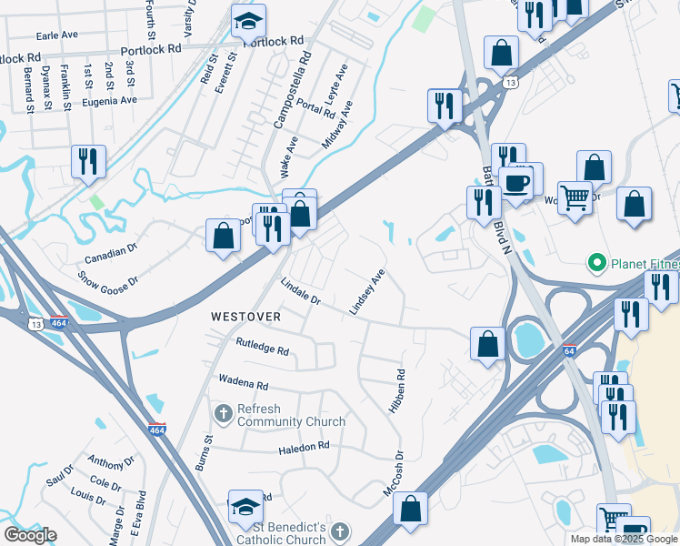 map of restaurants, bars, coffee shops, grocery stores, and more near 901 Gould Avenue in Chesapeake