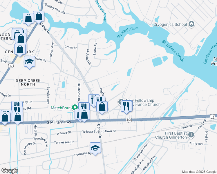 map of restaurants, bars, coffee shops, grocery stores, and more near 2021 Girard Avenue in Chesapeake