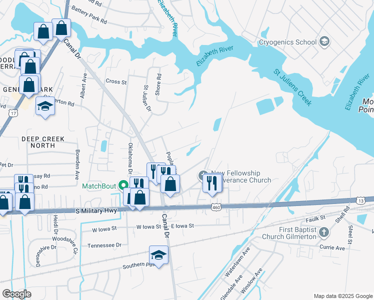 map of restaurants, bars, coffee shops, grocery stores, and more near 2021 Girard Avenue in Chesapeake