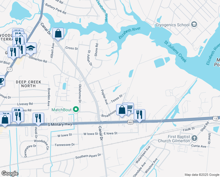 map of restaurants, bars, coffee shops, grocery stores, and more near 2021 Girard Avenue in Chesapeake