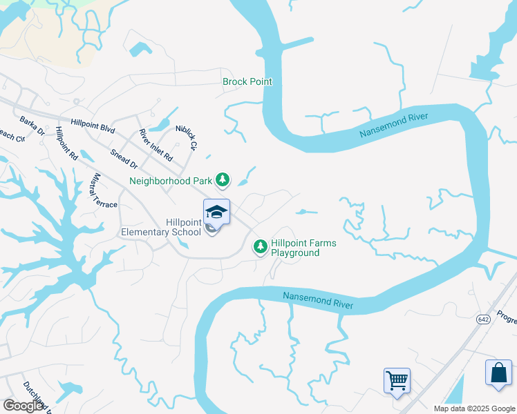 map of restaurants, bars, coffee shops, grocery stores, and more near Karen Lane in Suffolk