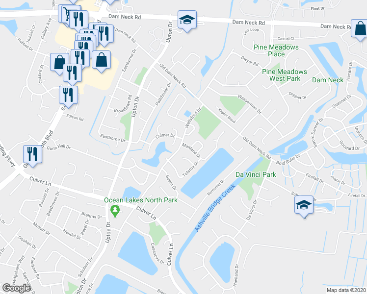 map of restaurants, bars, coffee shops, grocery stores, and more near 997 Maitland Drive in Virginia Beach