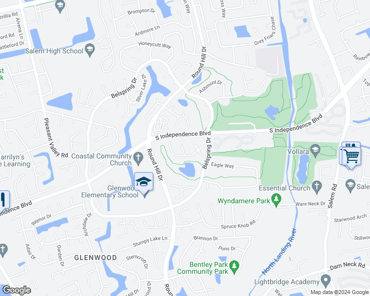 map of restaurants, bars, coffee shops, grocery stores, and more near 2116 Spring Meadows Court in Virginia Beach