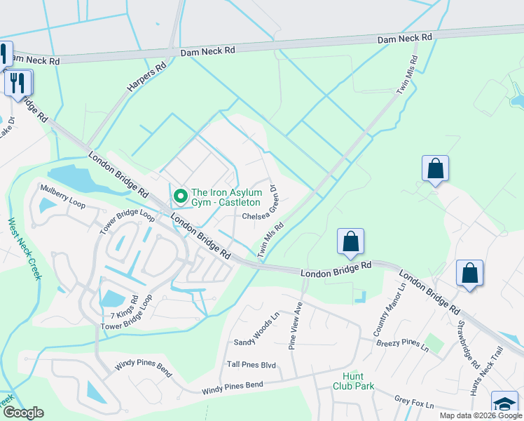 map of restaurants, bars, coffee shops, grocery stores, and more near 1877 Chelsea Green Drive in Virginia Beach