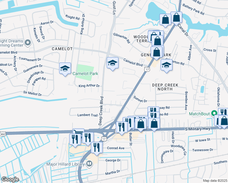 map of restaurants, bars, coffee shops, grocery stores, and more near 2700 Janice Lynn Ct in Chesapeake