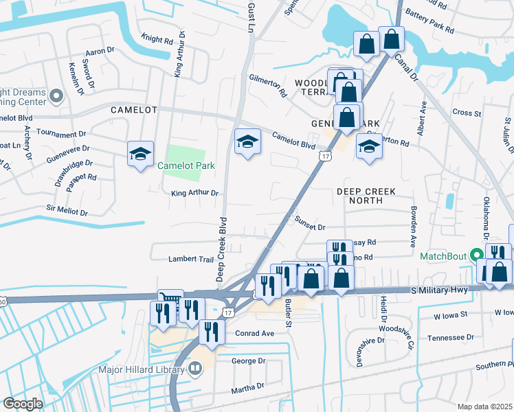 map of restaurants, bars, coffee shops, grocery stores, and more near 2700 Janice Lynn Ct in Chesapeake