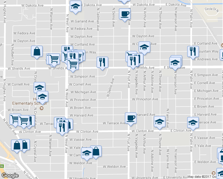 map of restaurants, bars, coffee shops, grocery stores, and more near 714 West Michigan Avenue in Fresno