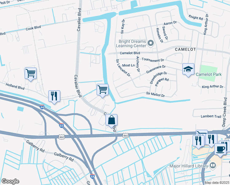map of restaurants, bars, coffee shops, grocery stores, and more near 3301 Sir Meliot Drive in Chesapeake