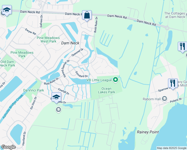 map of restaurants, bars, coffee shops, grocery stores, and more near 1745 Kitimal Drive in Virginia Beach