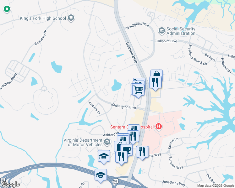 map of restaurants, bars, coffee shops, grocery stores, and more near 244 Craftsman Circle in Suffolk