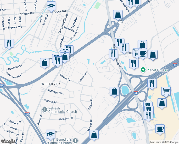 map of restaurants, bars, coffee shops, grocery stores, and more near 125 Waterfield Avenue in Chesapeake