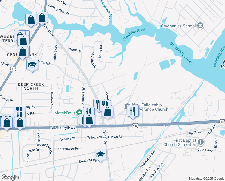 map of restaurants, bars, coffee shops, grocery stores, and more near Girard Avenue in Chesapeake