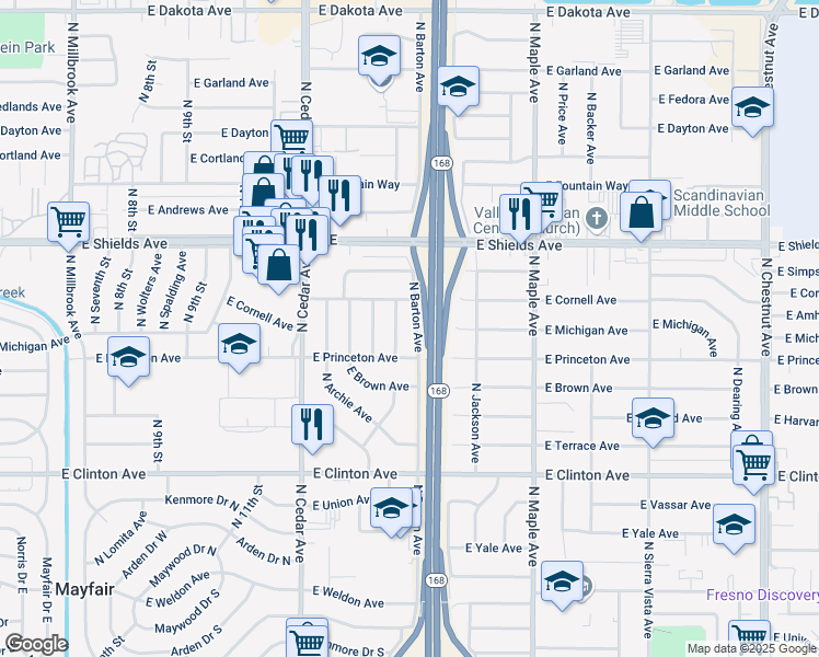 map of restaurants, bars, coffee shops, grocery stores, and more near 2847 North Barton Avenue in Fresno