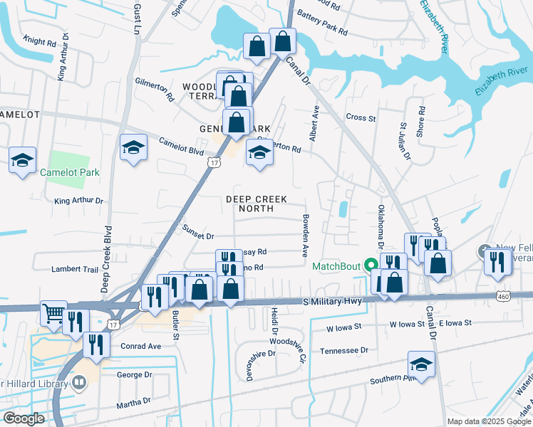 map of restaurants, bars, coffee shops, grocery stores, and more near 2418 Youngman Road in Chesapeake