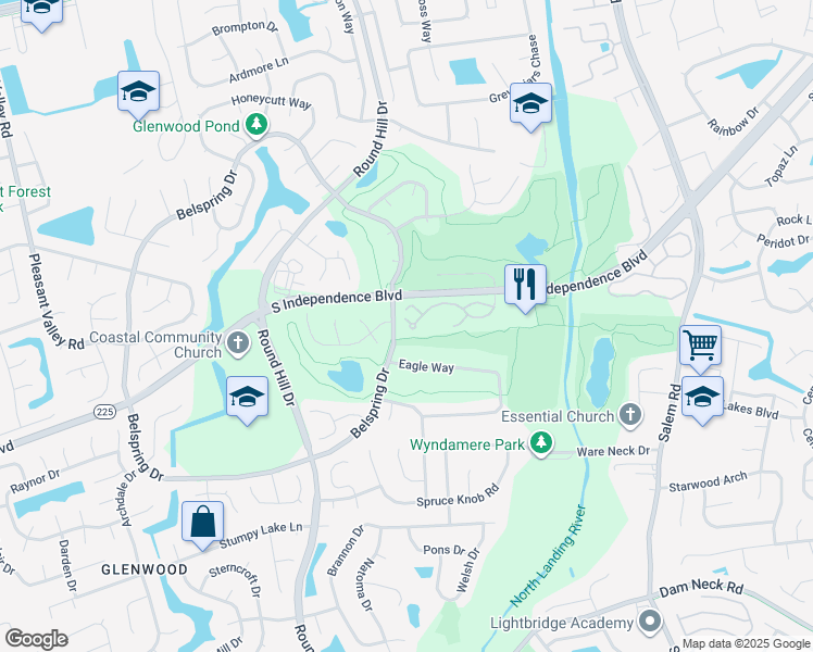 map of restaurants, bars, coffee shops, grocery stores, and more near 5233 Thatcher Way in Virginia Beach
