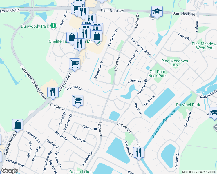 map of restaurants, bars, coffee shops, grocery stores, and more near 1904 Running Creek Court in Virginia Beach