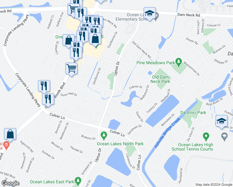 map of restaurants, bars, coffee shops, grocery stores, and more near 1856 Pathfinder Drive in Virginia Beach