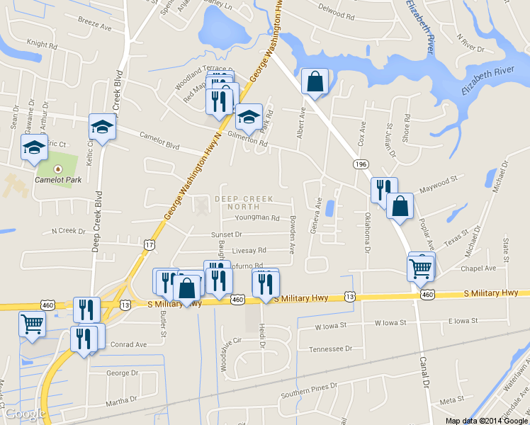 map of restaurants, bars, coffee shops, grocery stores, and more near 2412 Youngman Rd in Chesapeake