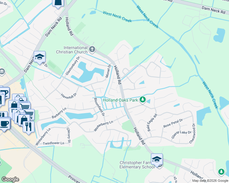 map of restaurants, bars, coffee shops, grocery stores, and more near 3009 Hound Court in Virginia Beach